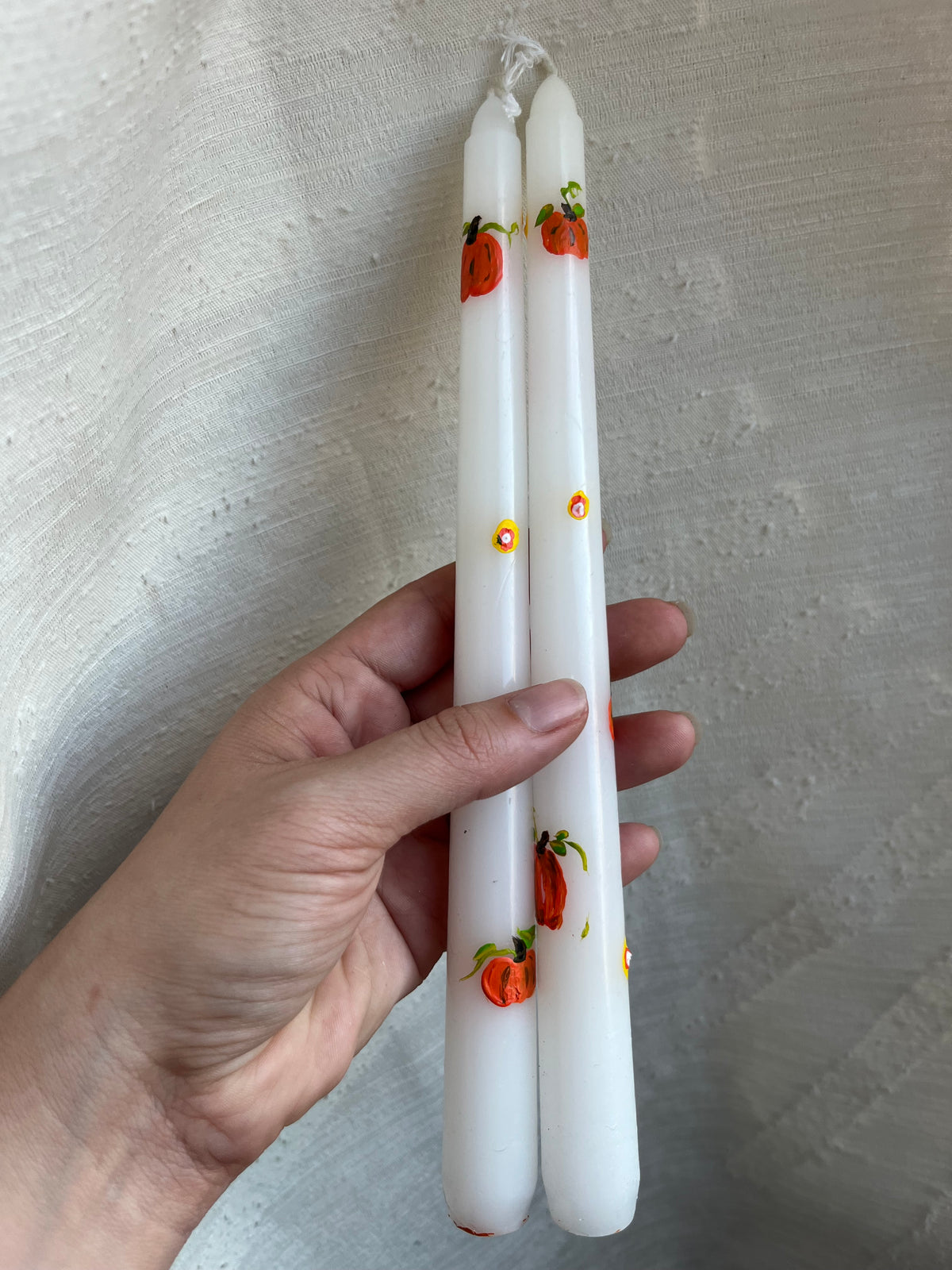 pumpkin + candy dots taper candle