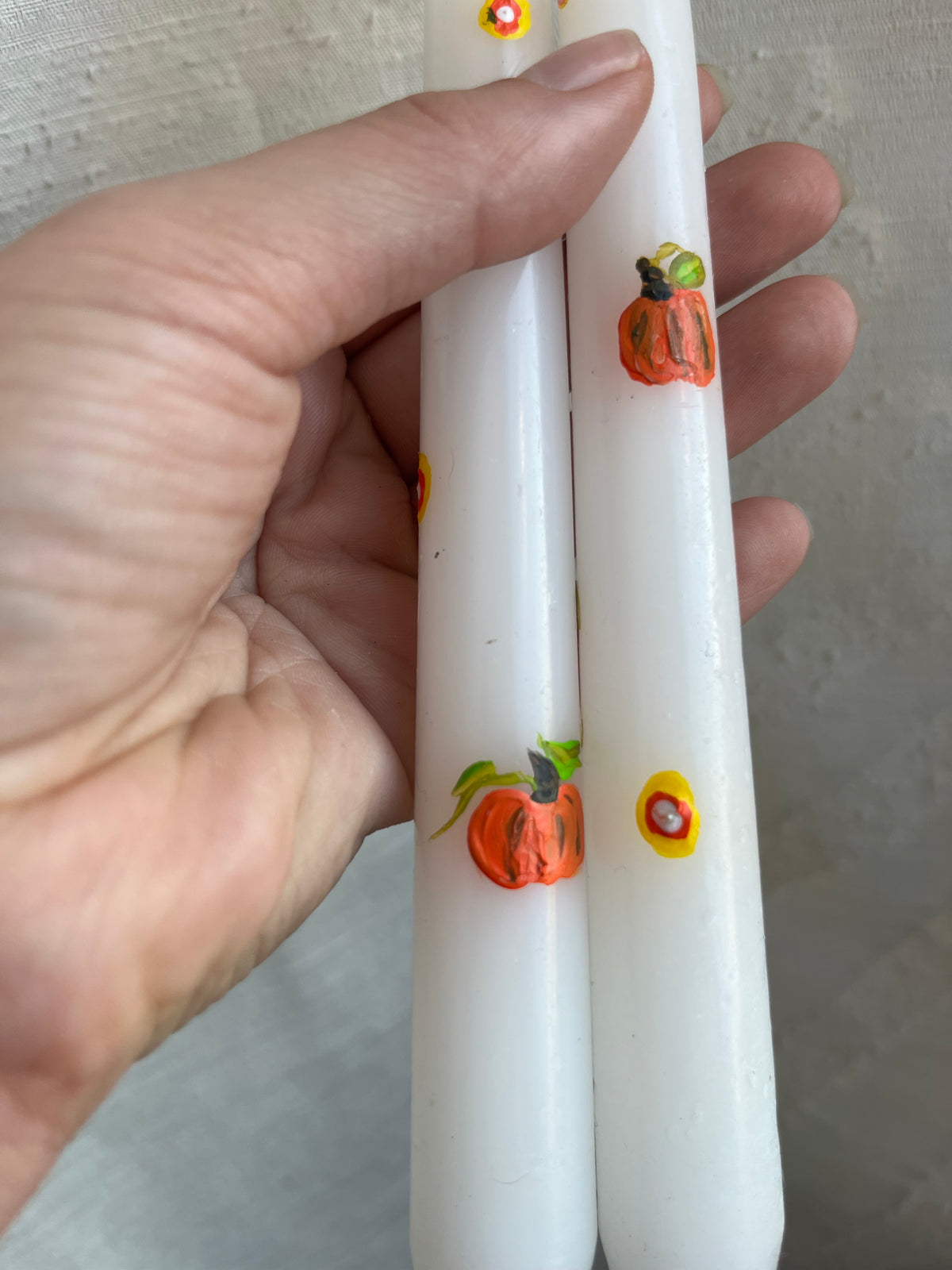pumpkin + candy dots taper candle