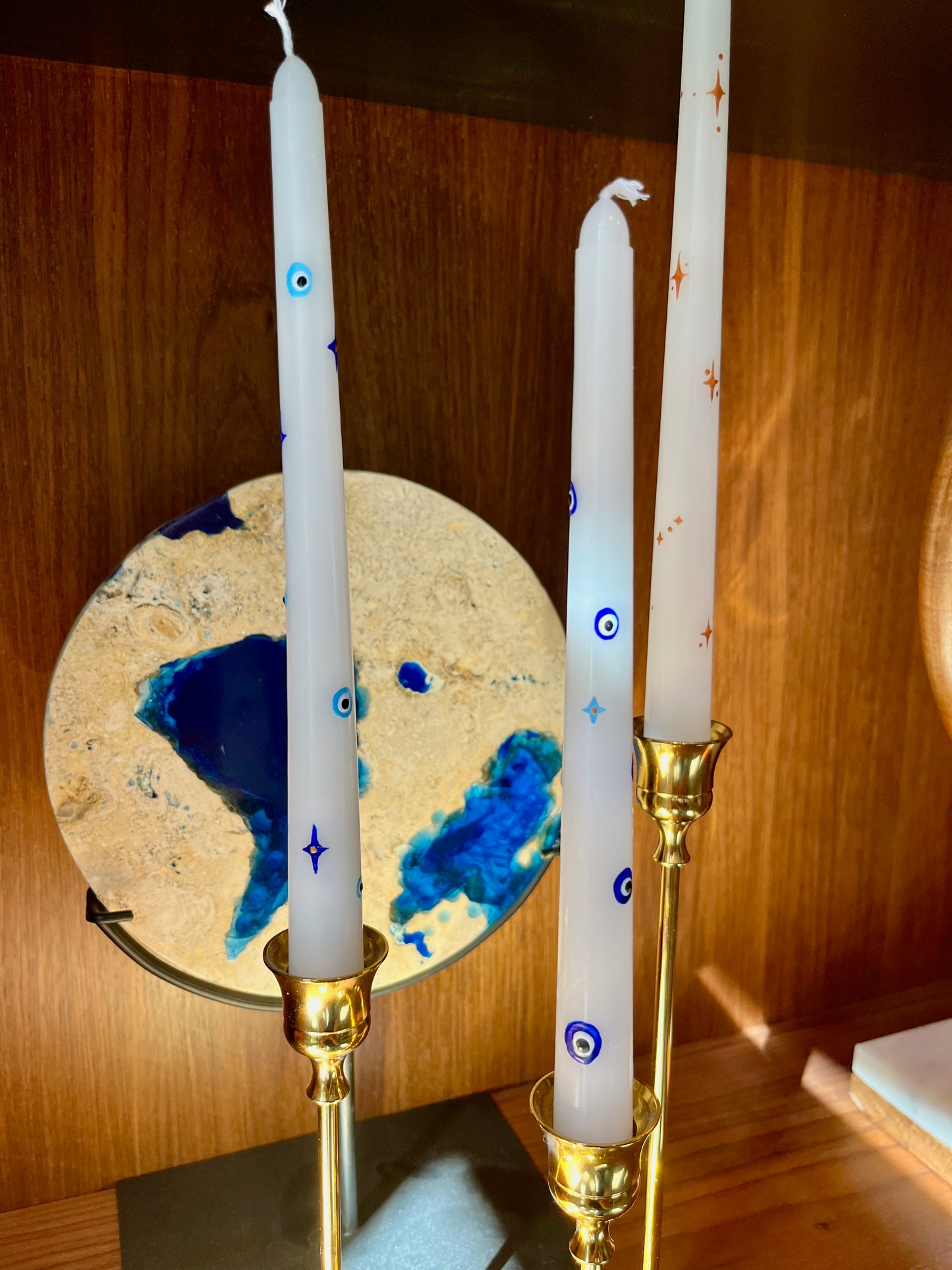 light blue evil eye taper candles